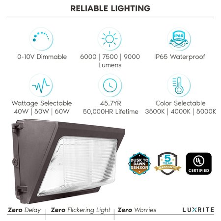 Luxrite Dusk to Dawn LED Wall Pack Light 3 CCT Selectable 3500K-5000K 40/50/60W 6000/7500/9000LM IP65 4-Pack LR40530-4PK